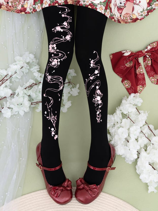 Schwarze Wa Lolita-Strumpfhose mit Sakura-Print