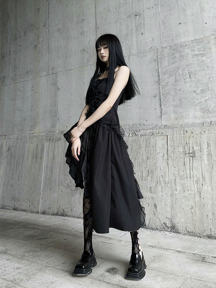 Black Asymmetrical Hem Flounce Trim Glamorous Cami Dress