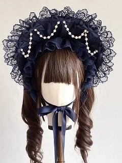 Blue Chain Accents) Lolita Sweet Pearl Bonnet (Lace Navy