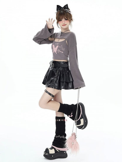 Gray Knit Bolero with Butterfly Print Camisole Ensemble - CRAZY GIRL