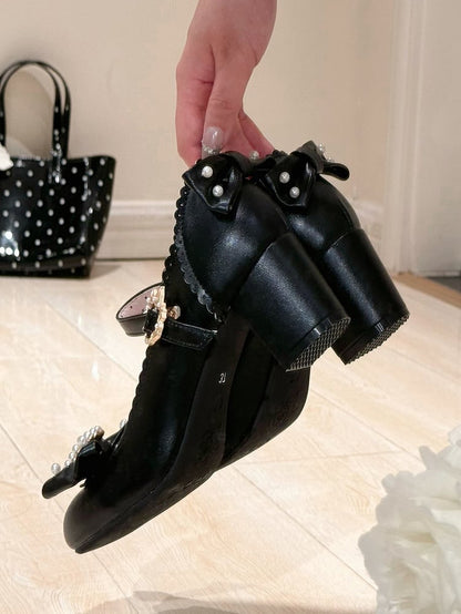 ジェーンズとラウンドロリータブラックトゥビーズディテールラインストーン装飾シューズメアリーボウノット