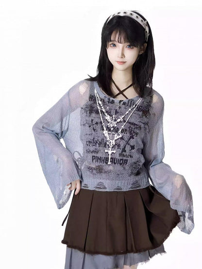 Rock mit ausgefranstem Saum, gestuft, grau, asymmetrisches Design und Colorblock, braun