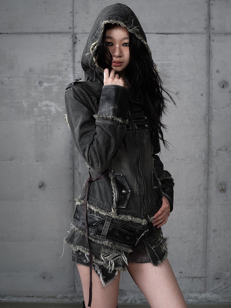 Hooded Detachable Gray Dark Hem Finish with Denim Distressed Jacket Corduroy