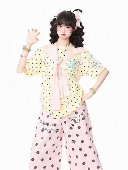 Yellow Star Print Tee with Stripe Shawl and Hairclip - Languid Park