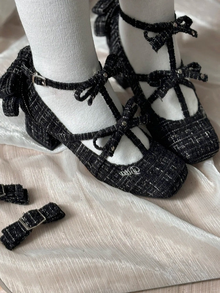 Design Lolita Black Accents Square with Bow Elegant Toe T-strap Shoes