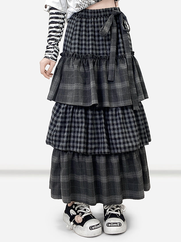 セルフタイダークストラップティアードチェックグレーパターンスカートビタースイート