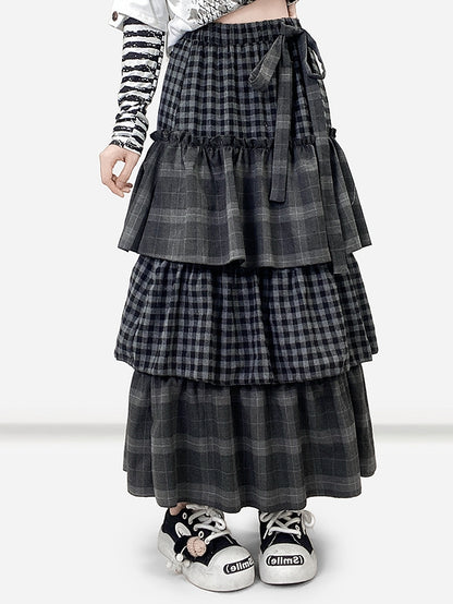 セルフタイダークストラップティアードチェックグレーパターンスカートビタースイート