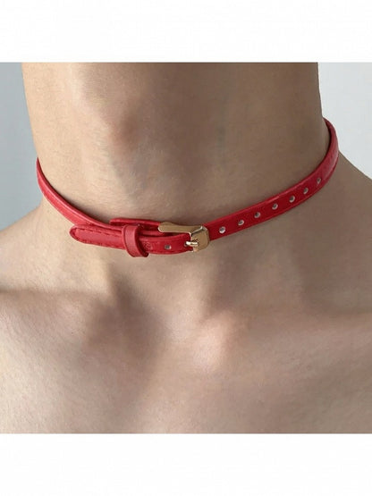 Red Choker with Metal Buckle Accent - YSHXS