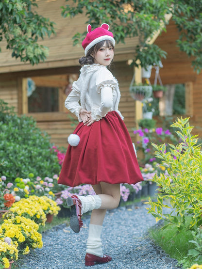 Bust S Trim White Clearance-Size Round Ruffle Neck Autumn Knitted for 90CM Souffle Top