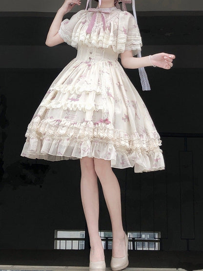 Elegant Dress Bluebell Neck Edward Beige Print Classic Floral Lolita
