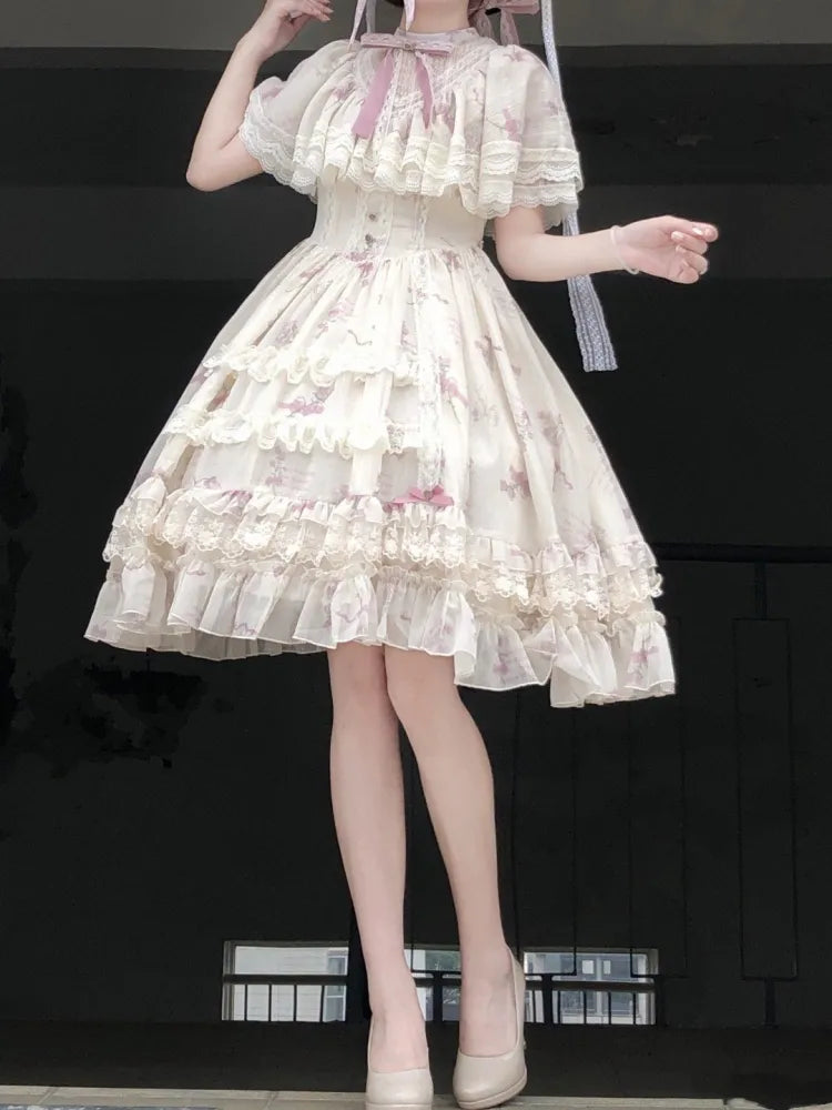 Kleid Lolita Klassisch Elegant Beige Glockenblumenhals Blumen Edward Print