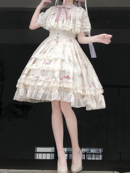 Kleid Lolita Klassisch Elegant Beige Glockenblumenhals Blumen Edward Print