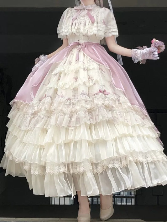 Elegant Full Print Set Edward Bluebell Dress Lolita OP Classic Beige Neck