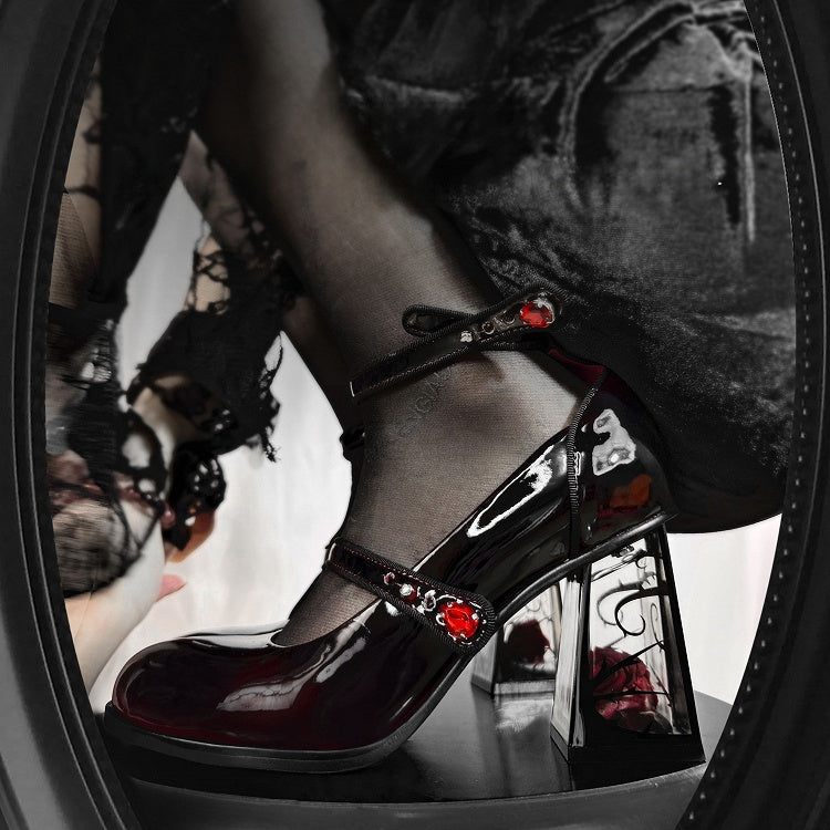 Rhinestone Black Transparent Accents High Heel Mary Block Rose-themed Rose Gothic Janes with Decor