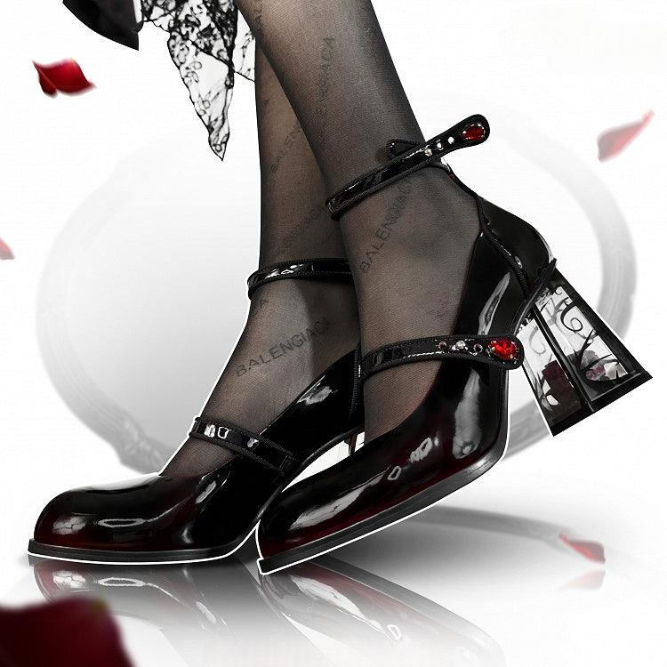 Rhinestone Black Transparent Accents High Heel Mary Block Rose-themed Rose Gothic Janes with Decor