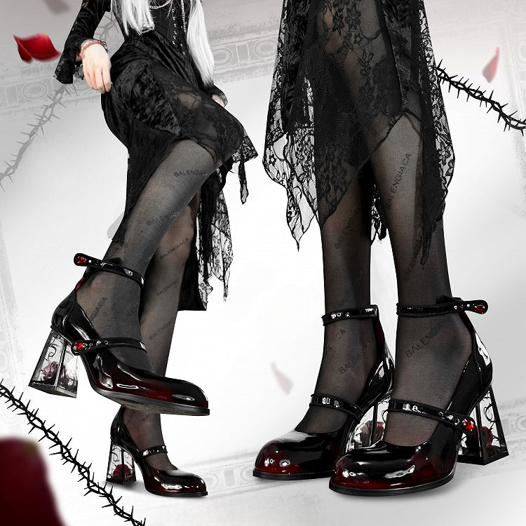 Rhinestone Black Transparent Accents High Heel Mary Block Rose-themed Rose Gothic Janes with Decor