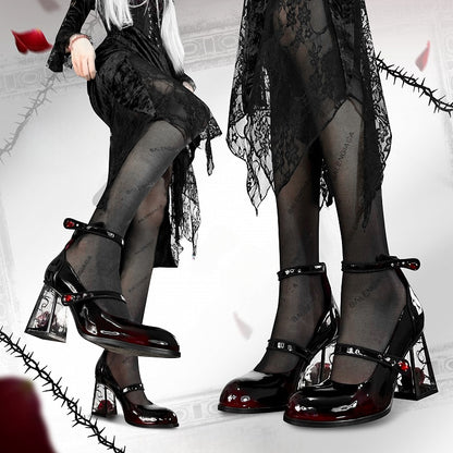 Rhinestone Black Transparent Accents High Heel Mary Block Rose-themed Rose Gothic Janes with Decor