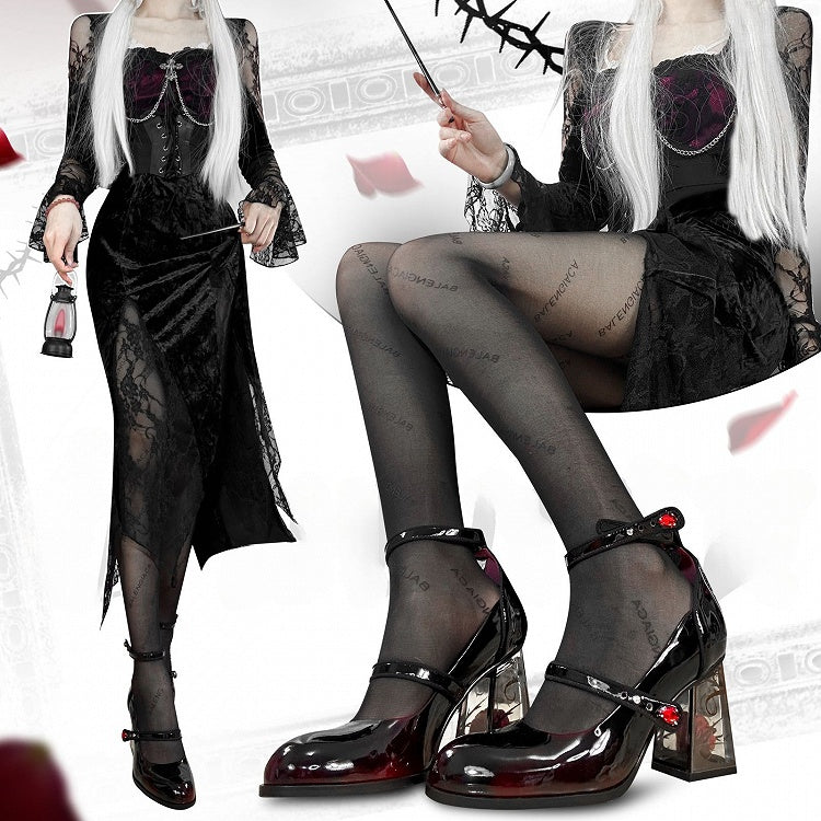 Rhinestone Black Transparent Accents High Heel Mary Block Rose-themed Rose Gothic Janes with Decor