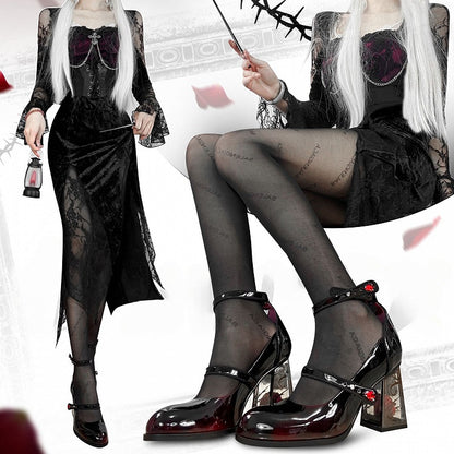 Rhinestone Black Transparent Accents High Heel Mary Block Rose-themed Rose Gothic Janes with Decor