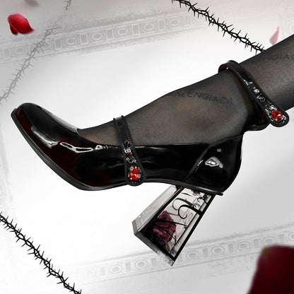 Rhinestone Black Transparent Accents High Heel Mary Block Rose-themed Rose Gothic Janes with Decor