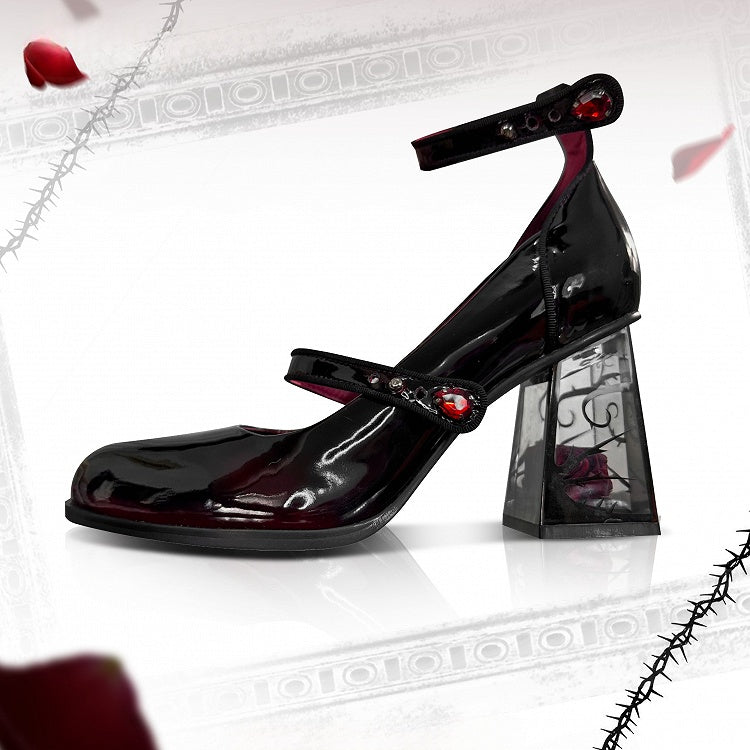Rhinestone Black Transparent Accents High Heel Mary Block Rose-themed Rose Gothic Janes with Decor