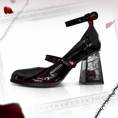 Rhinestone Black Transparent Accents High Heel Mary Block Rose-themed Rose Gothic Janes with Decor