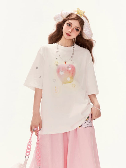Tシャツ ホワイト ラウンドネック 愛らしいアップルプリント 夏 ゆったり