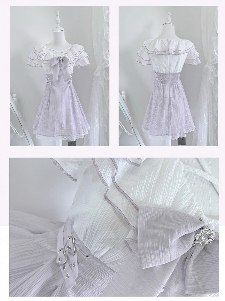 Dress with Flounce Waist Jirai Buckles Bowtie Hem Heart Version Neckline Tiered Lavender Short Kei