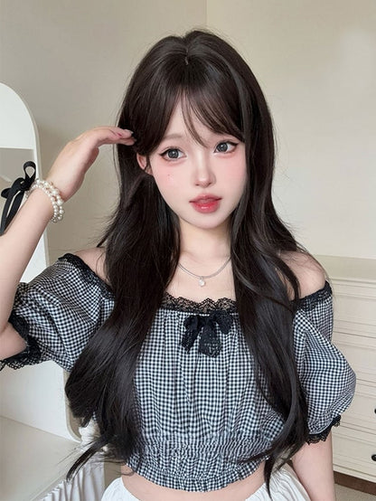 Black With Curtain 73CM Tea Wig Wavy Bangs Length