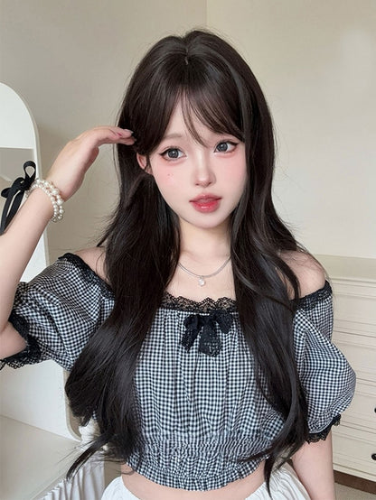 Curtain Length With Wavy Tea Black Wig Bangs 73CM