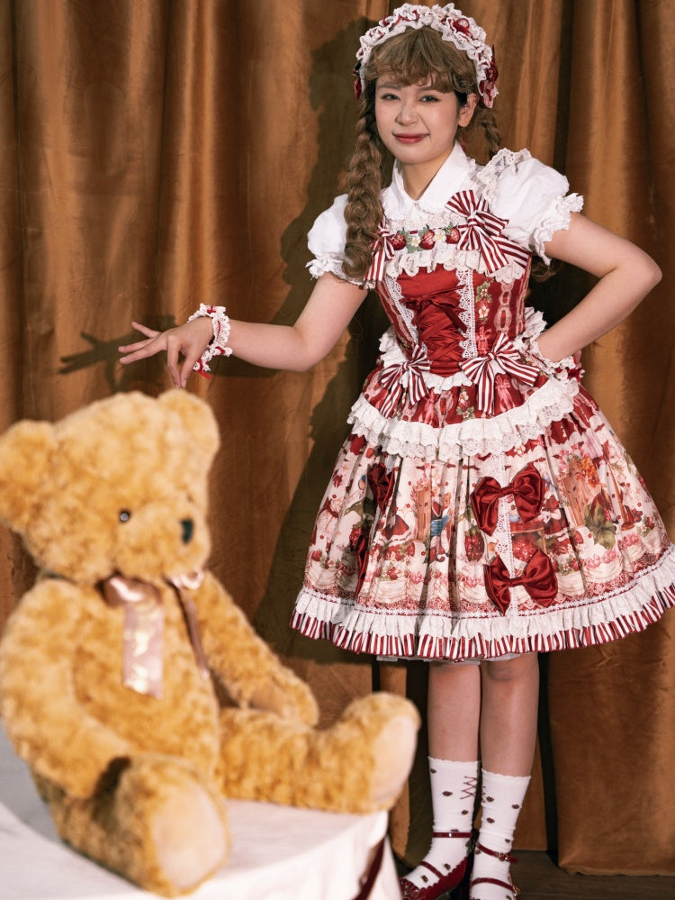赤とイチゴのプリントドレススカートスイートロリータジャンパーバニー