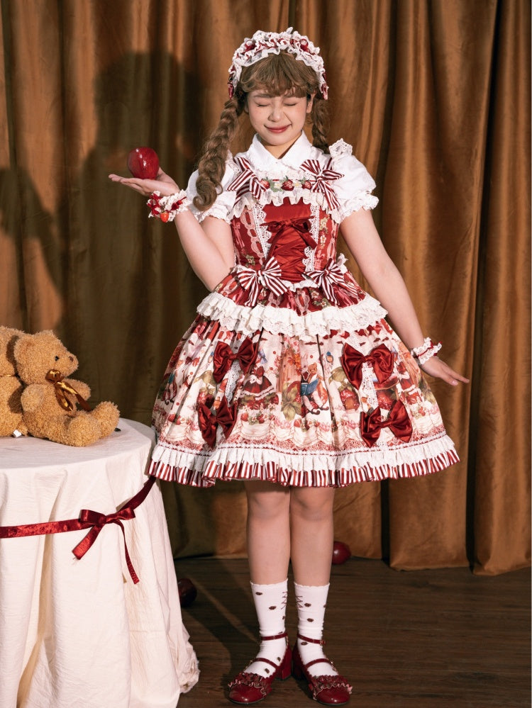 赤とイチゴのプリントドレススカートスイートロリータジャンパーバニー
