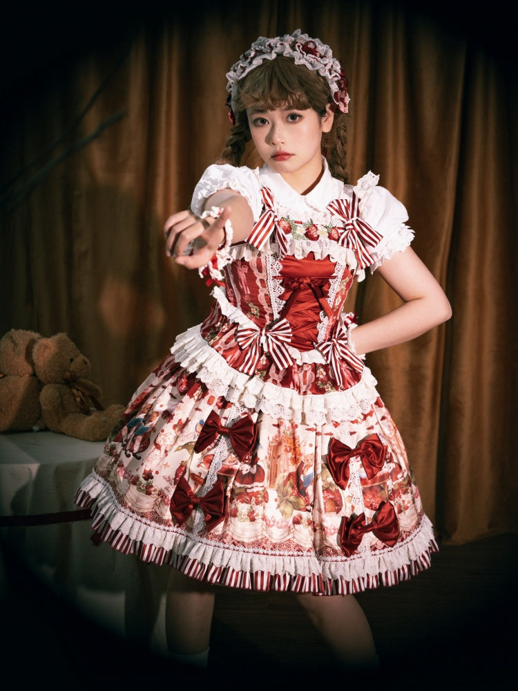 赤とイチゴのプリントドレススカートスイートロリータジャンパーバニー