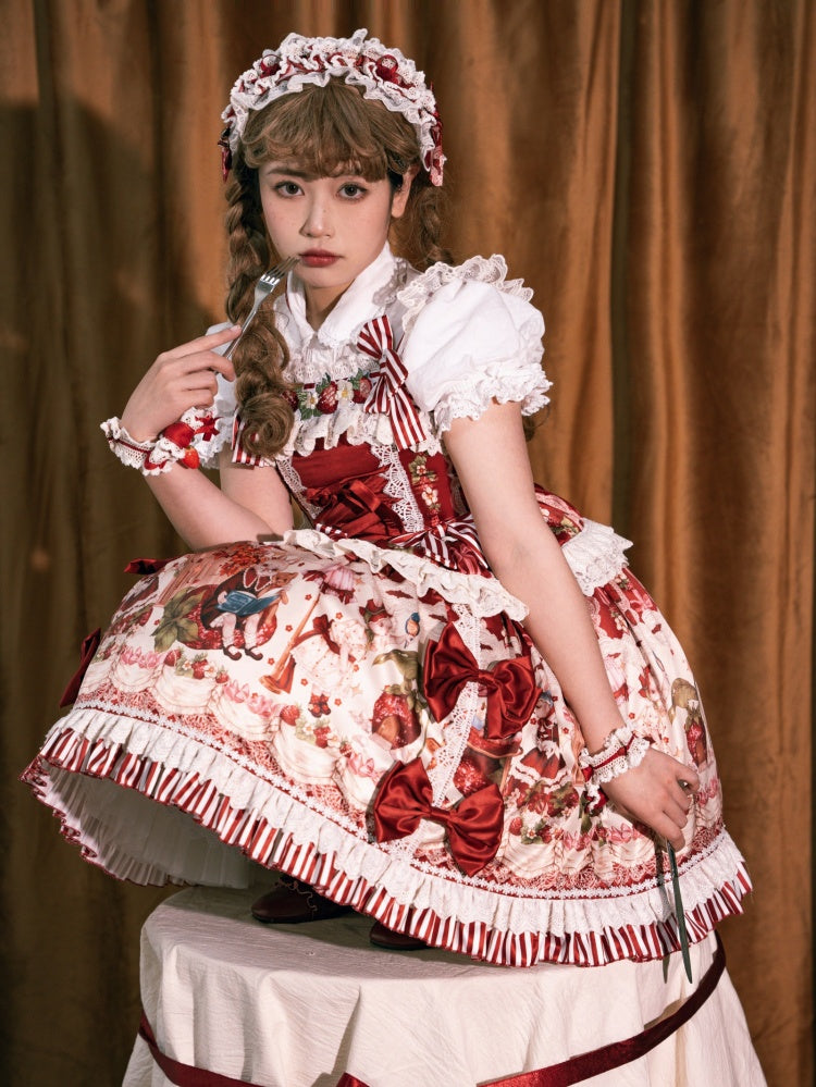 赤とイチゴのプリントドレススカートスイートロリータジャンパーバニー