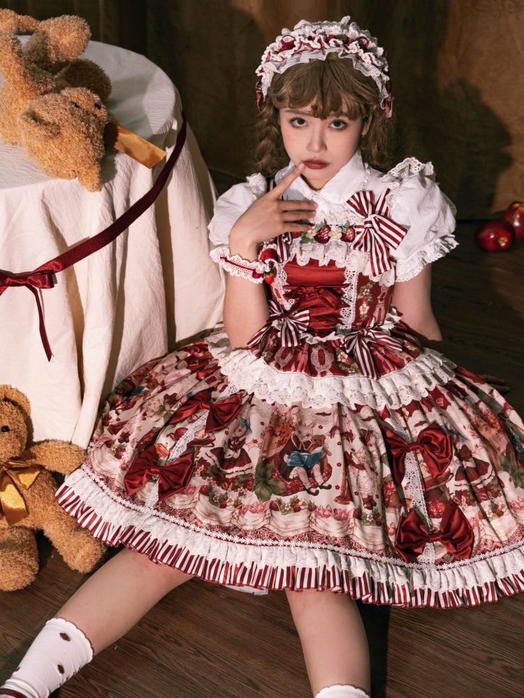 赤とイチゴのプリントドレススカートスイートロリータジャンパーバニー