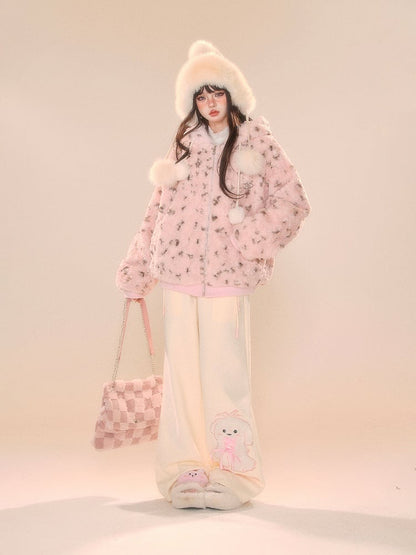 Beige Wide-Leg Pants with Pink Waistband and Embroidered Puppy Design