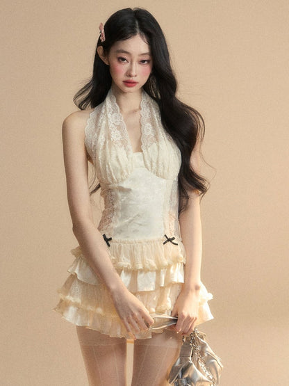 Dress Apricot Halter Neck Contrast Lace Patches Tiered Ruffles