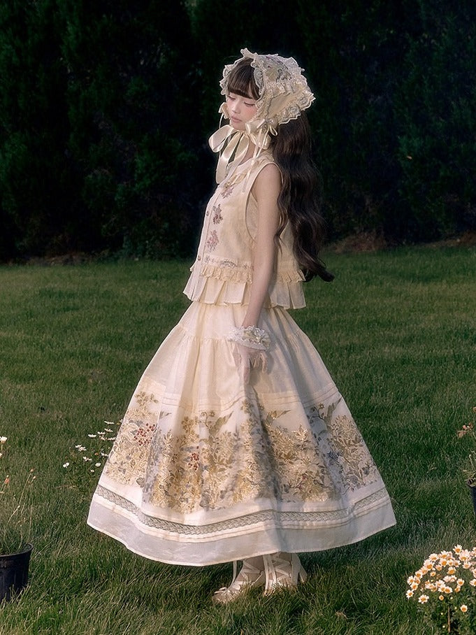 Retro Beige Floral Lace-Trimmed A-Line Skirt - Yimu Walnut