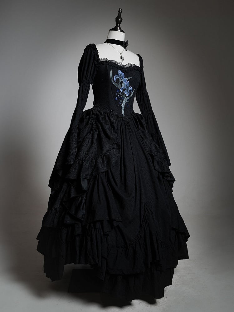 Lolita Black Skirt Dress Drawstring Iris with Gothic Elegant Embroidery
