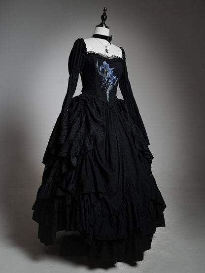 Lolita Black Skirt Dress Drawstring Iris with Gothic Elegant Embroidery