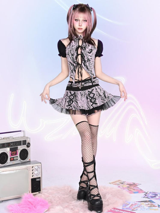 Y2K ラップレースアップストラップウエストミニスカート