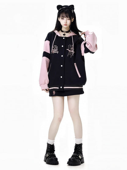 Schwarze und rosa Baseballjacke mit Kapuze, kurze/lange Version