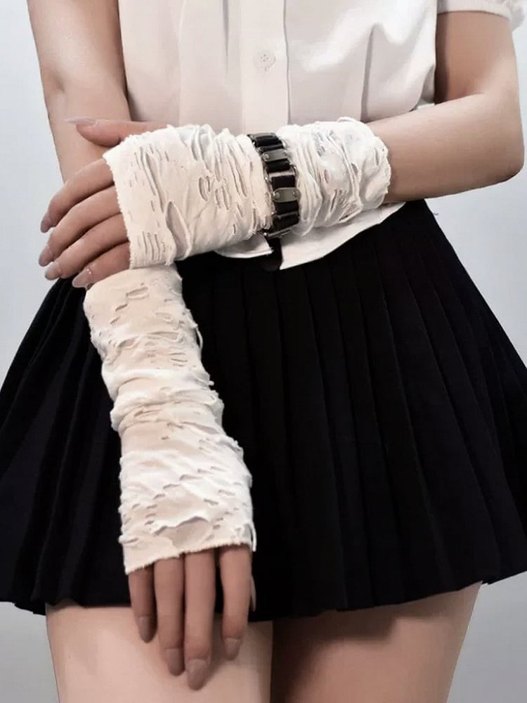 White Fingerless Gloves with Distressed Holes Design - Mr. Cat