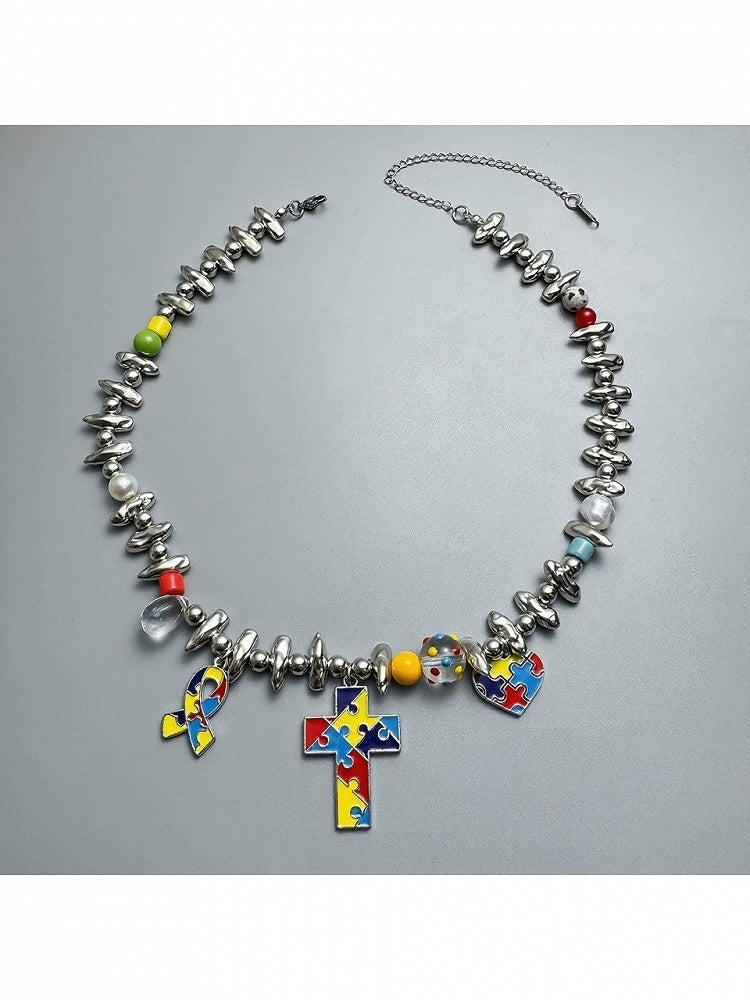 Silver Y2K Cross Pendant Colorful Necklace - YSHXS