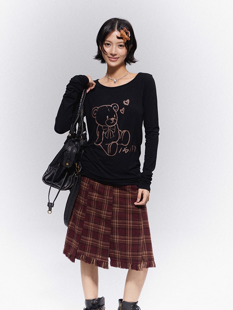 Raw Plaid Hem with Vintage Prep Brown-Red Skirt