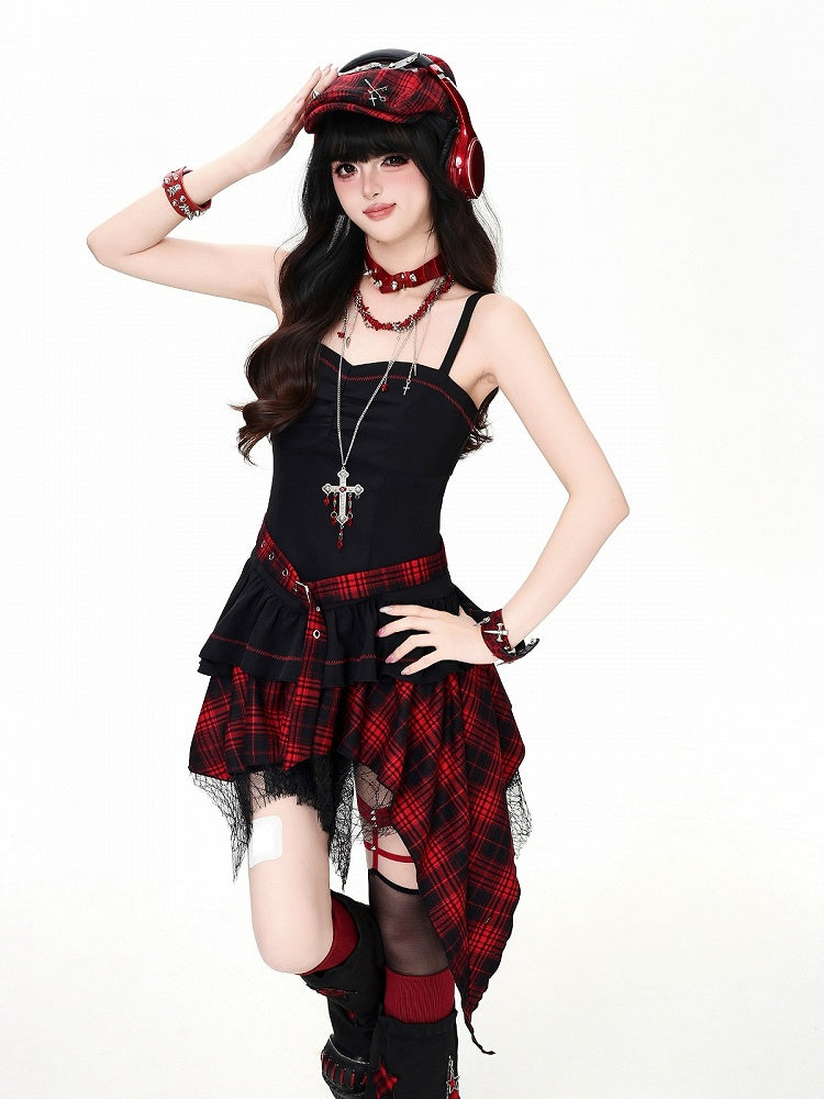 Asymmetrical Hem Camisole Dress in Red Black Plaid - CRAZY GIRL