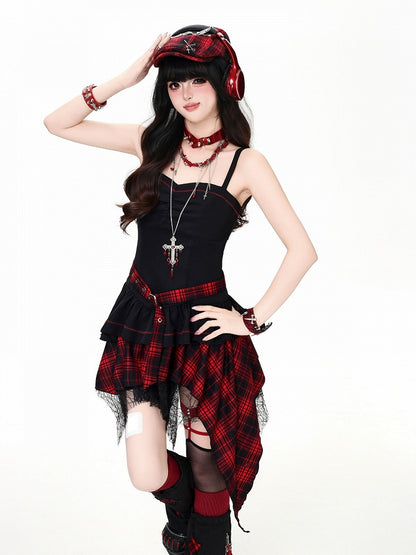 Asymmetrical Hem Camisole Dress in Red Black Plaid - CRAZY GIRL