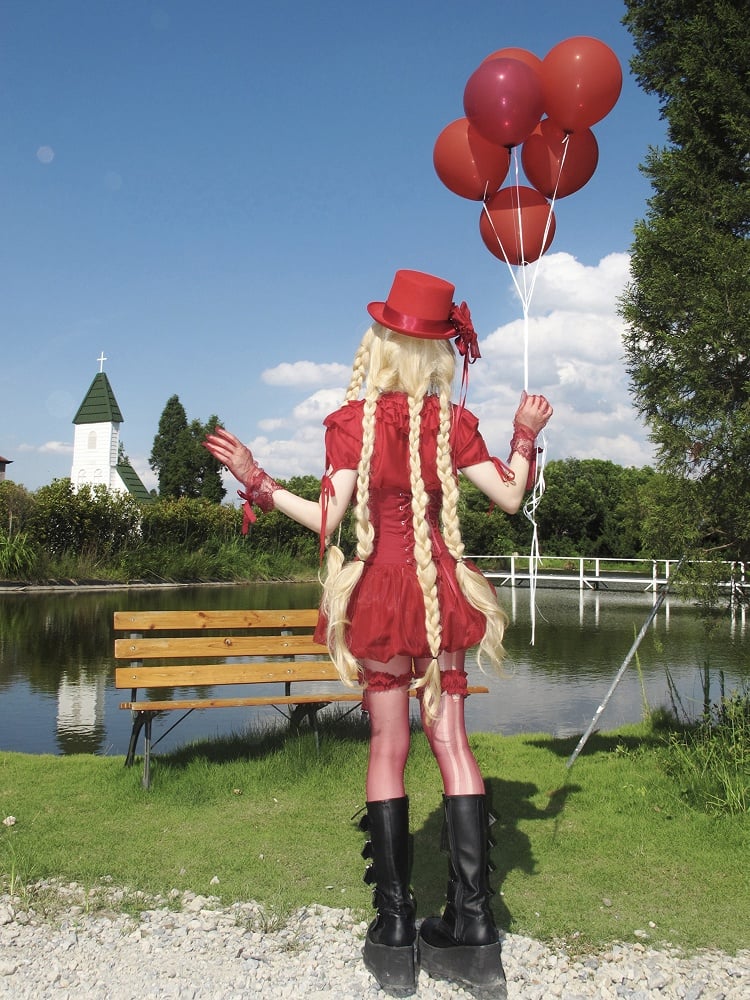 Waist Lolita Blouse Layered Ruffles Gothic Smocked Neckline Red with Elastic