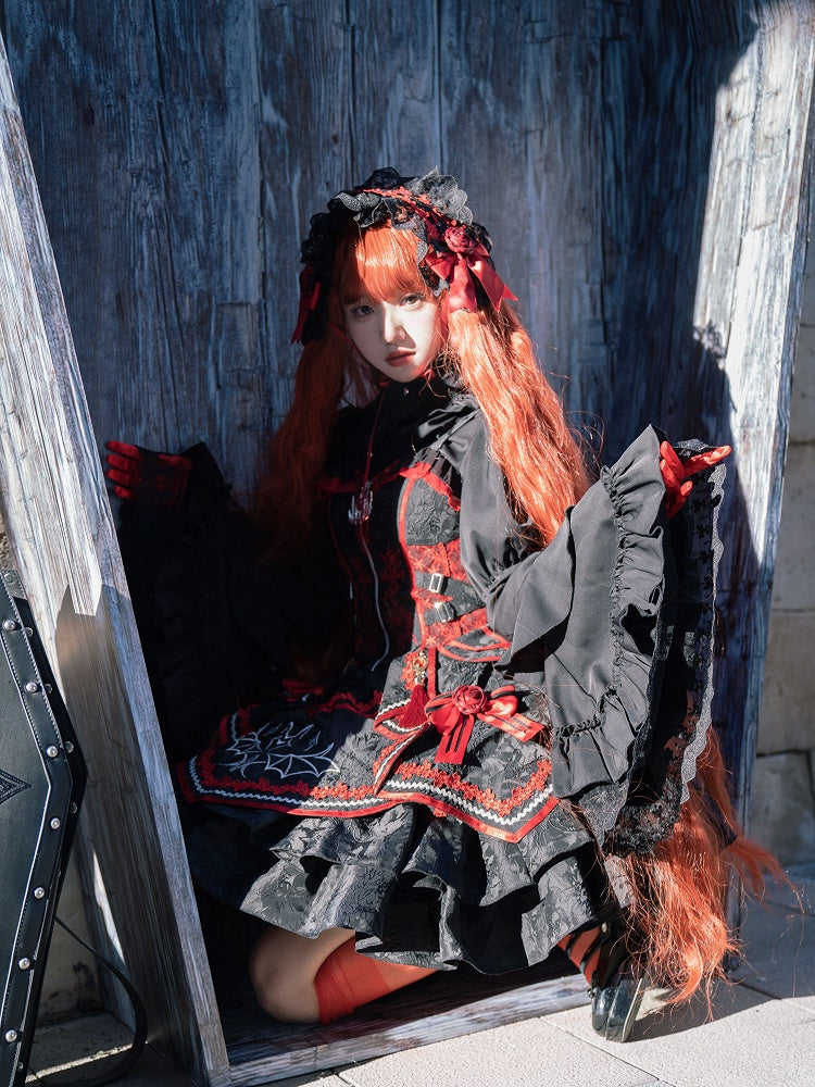 Gothic Bat Black Cross Embroidery Lolita Front Red JSK and Buckle Side Zip