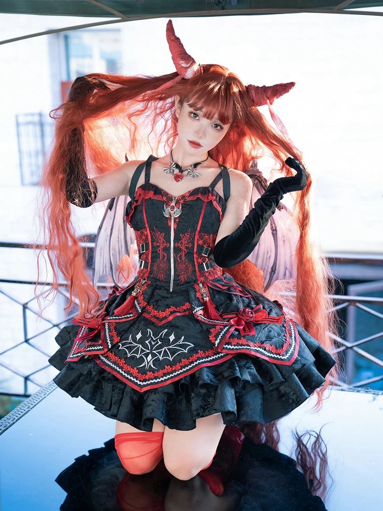 Gothic Bat Black Cross Embroidery Lolita Front Red JSK and Buckle Side Zip